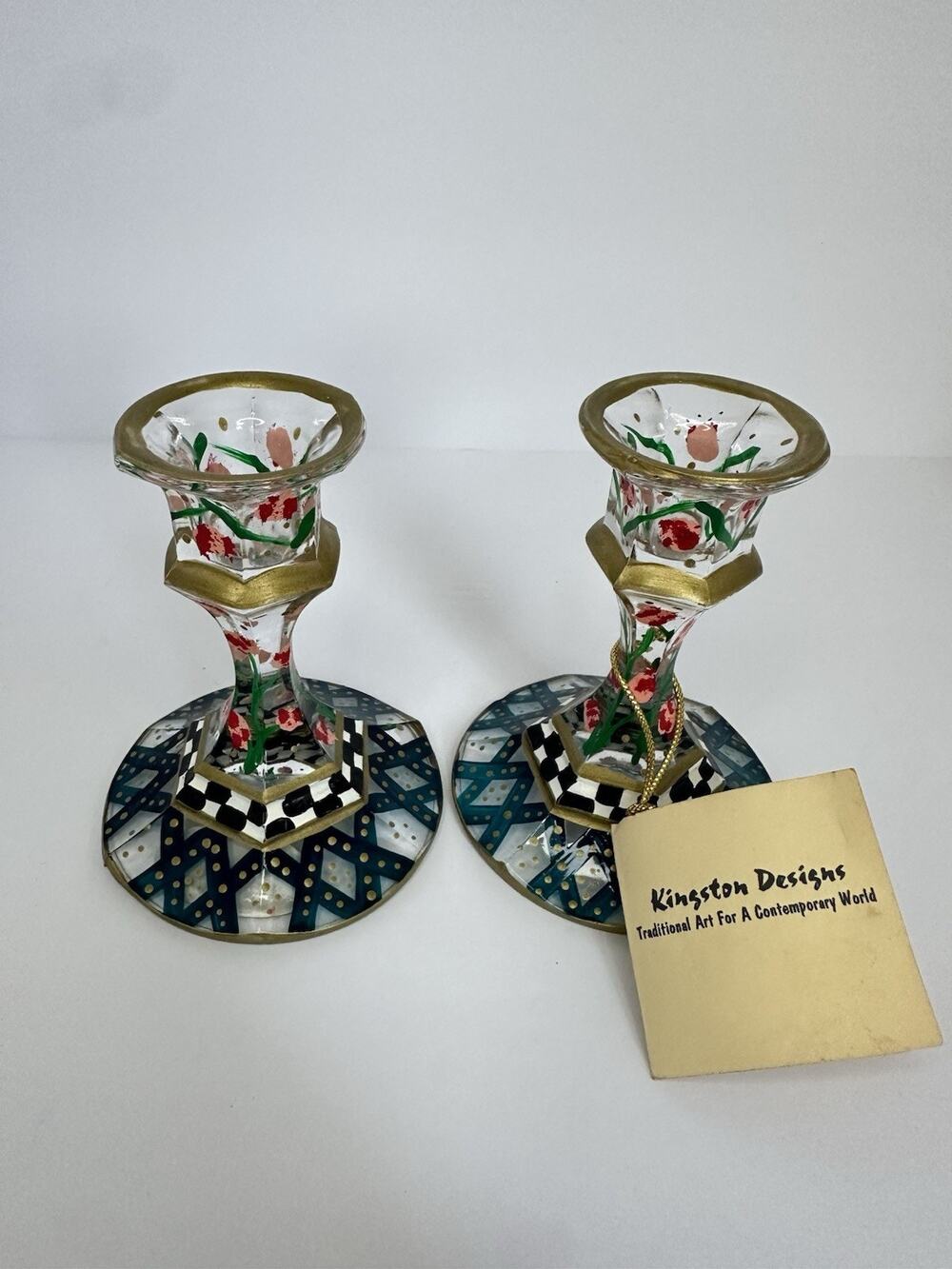 Kingston Designs Hand Painted Glass Candlestick Holders Pair Floral Vintage